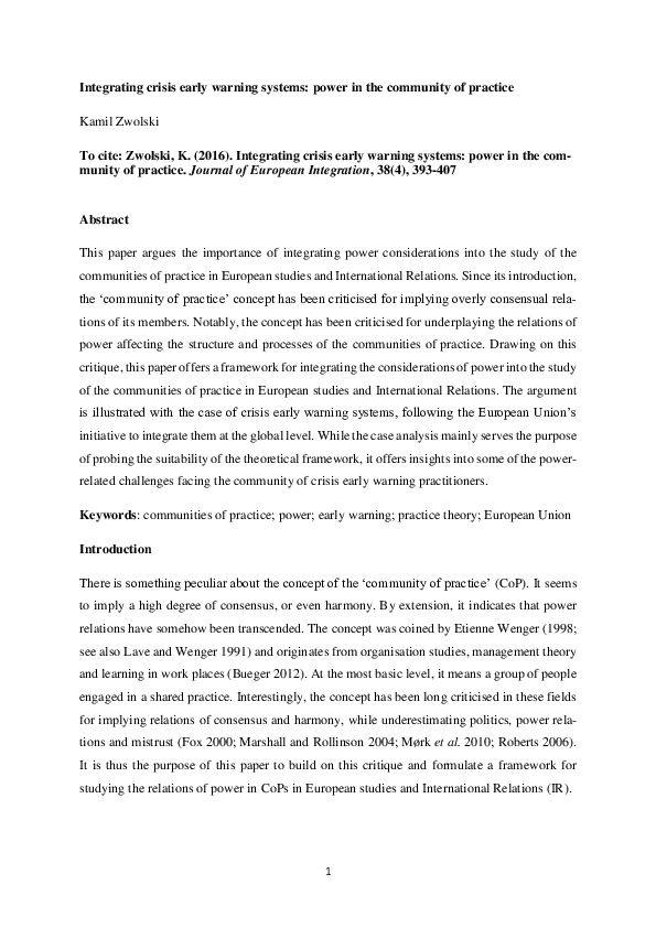 (DOC) Integrating Crisis Early Warning Systems Power in the Community