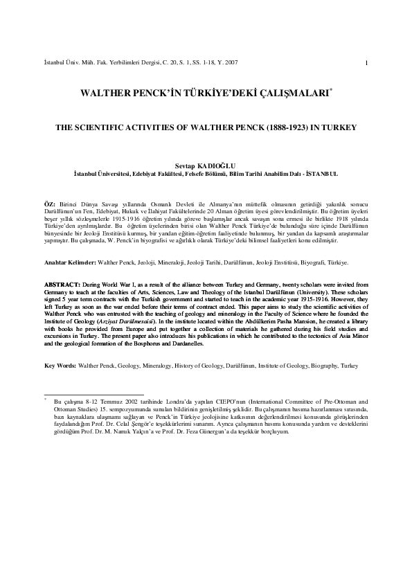 (PDF) Walther Penck'in Türkiye'deki Çalışmaları | Sevtap Kadıoğlu