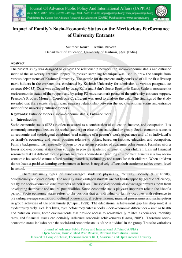 (PDF) Impact of Family’s Socio-Economic Status on the Meritorious ...