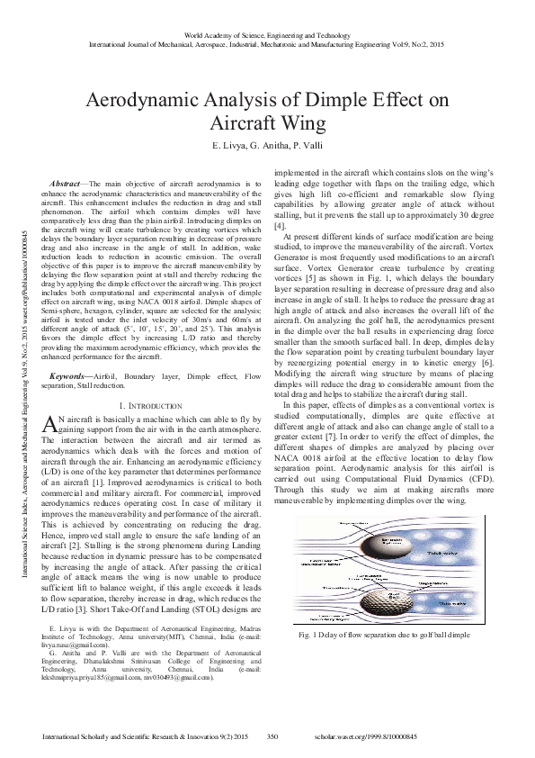 (PDF) Aerodynamic Analysis of Dimple Effect on Aircraft Wing