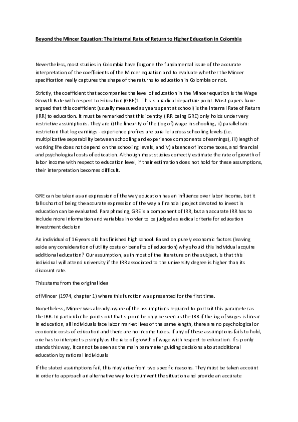 (DOC) Beyond the Mincer Equation The Internal Rate of Return to Higher