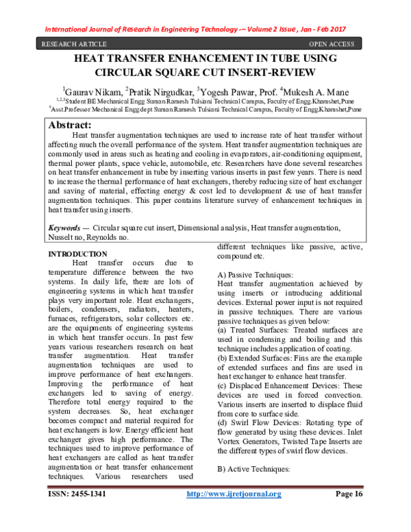 (PDF) HEAT TRANSFER ENHANCEMENT IN TUBE USING CIRCULAR SQUARE CUT ...