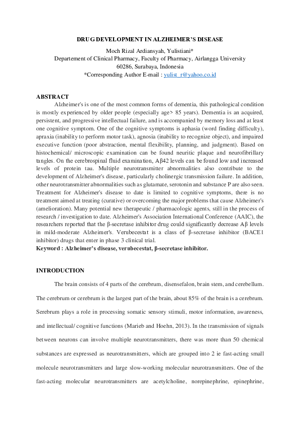 (DOC) DRUG DEVELOPMENT IN ALZHEIMER'S DISEASE