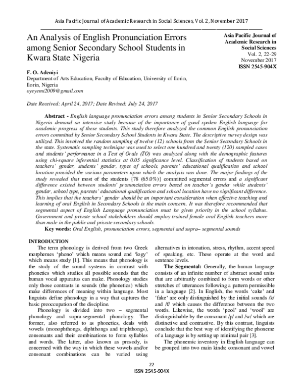 (PDF) An Analysis of English Pronunciation Errors among Senior ...