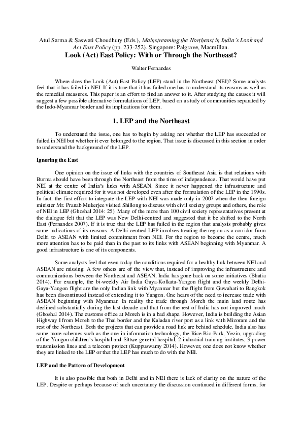 Look (Act) East Policy: With or Through the Northeast