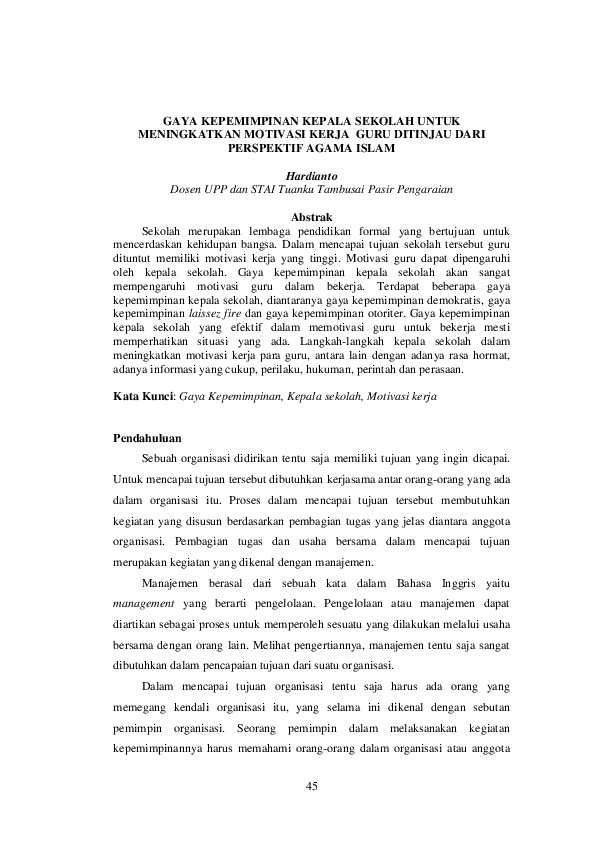 Pdf Gaya Kepemimpinan Kepala Sekolah Untuk Meningkatkan Motvasi Kerja Guru Hardianto Cally Academia Edu