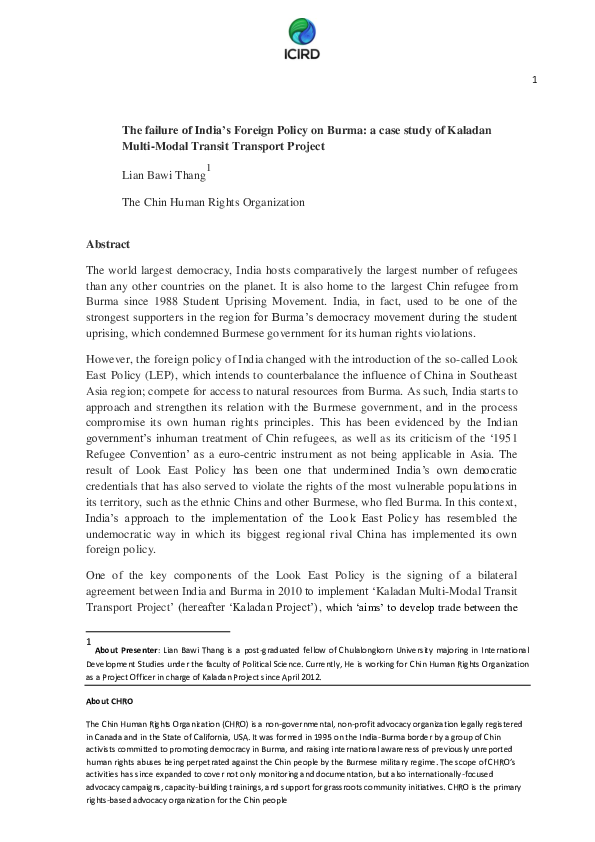 The failure of India's Foreign Policy on Burma: a case study of Kaladan Multi-Modal Transit Transport Project
