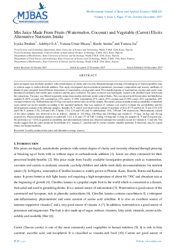 (PDF) Mix Juice Made From Fruits (Watermelon, Coconut) and Vegetable