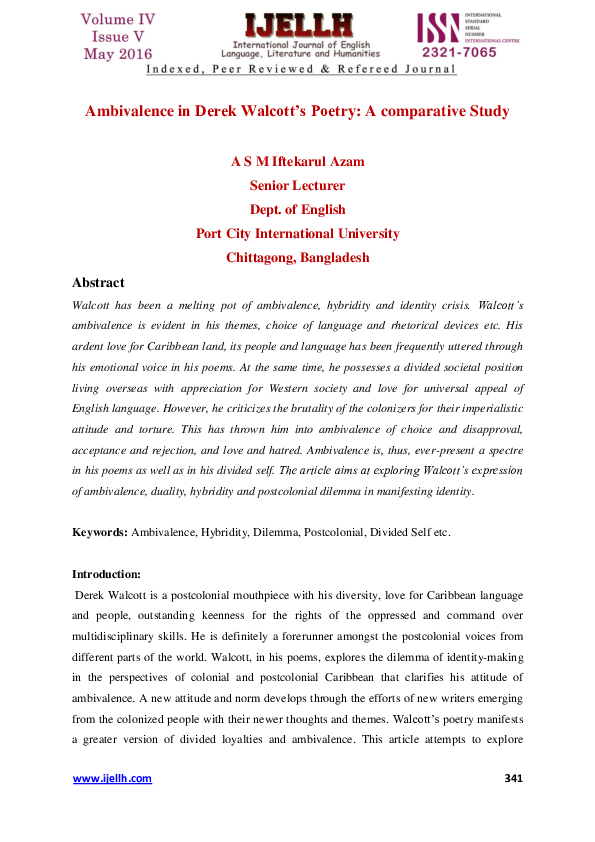 Pdf Ambivalence In Derek Walcott S Poetry A Comparative Study Iftekhar Azam Academia Edu