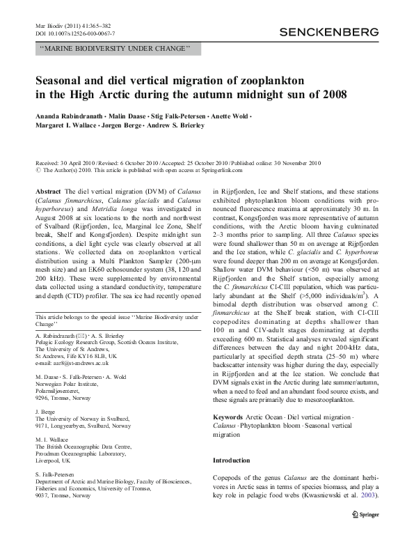 (PDF) Seasonal and diel vertical migration of zooplankton in the High ...