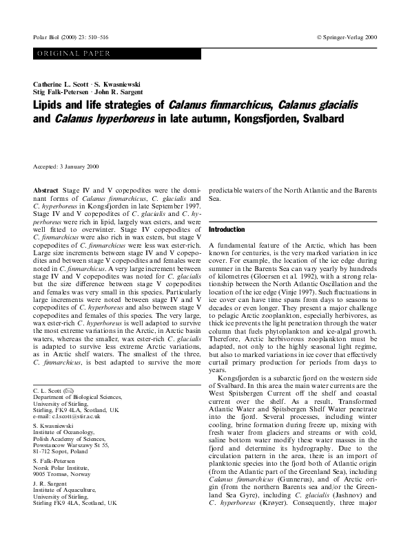 (PDF) Lipids and life strategies of Calanus finmarchicus , Calanus ...