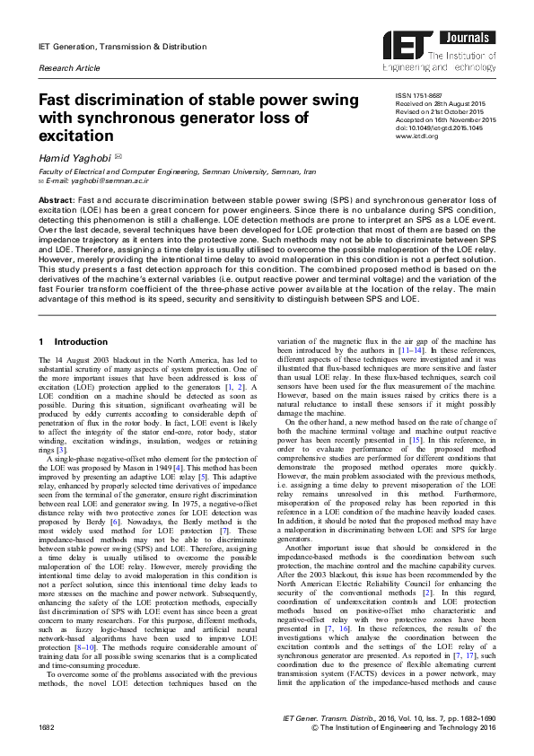 (PDF) Fast discrimination of stable power swing with synchronous ...