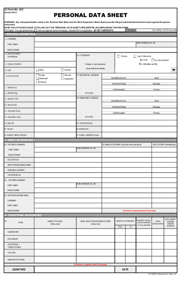 (PDF) CS Form No. 212 revised Personal Data Sheet new JUDITH BOOC