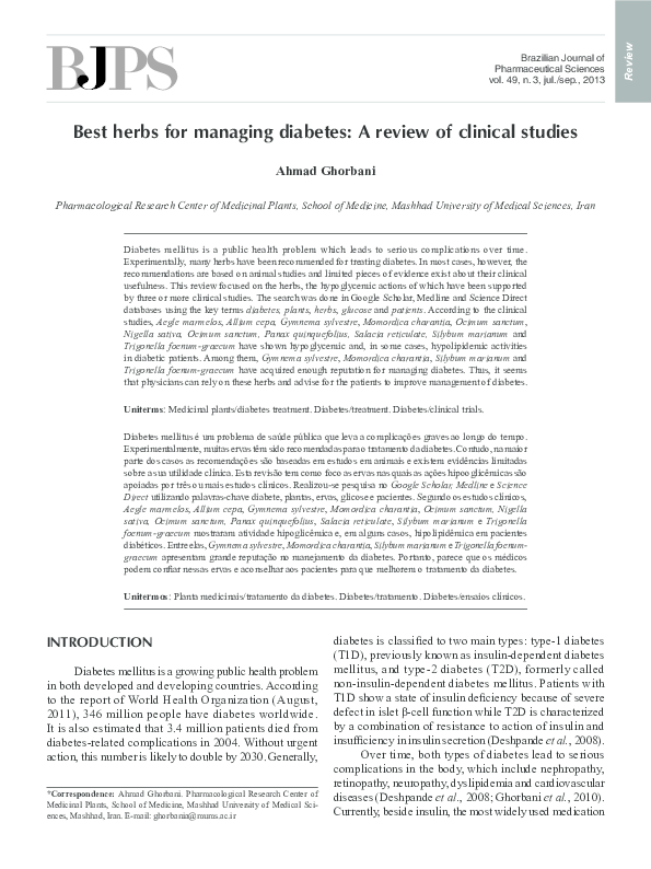 (PDF) Best herbs for managing diabetes: a review of clinical studies