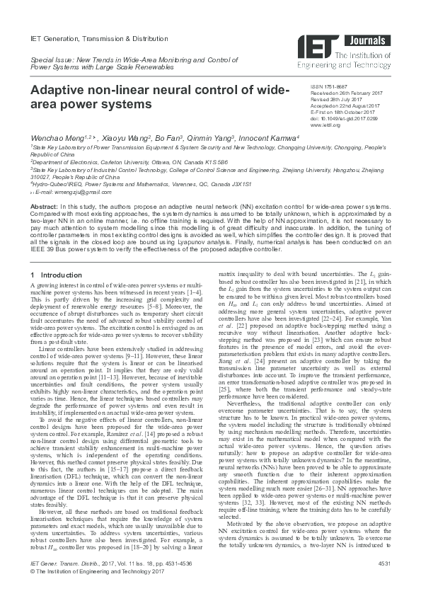 (PDF) Adaptive non-linear neural control of wide- area power systems