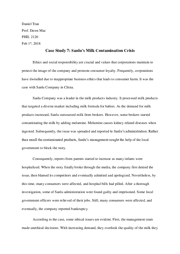 (DOC) Case Study 7 Sanlu's Milk Contamination Crisis