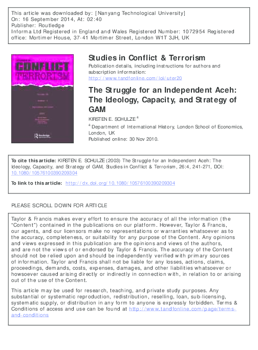 (PDF) Studies in Conflict &amp; Terrorism The Struggle for an Independent Aceh: The Ideology ...