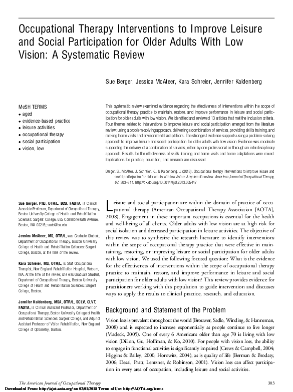 (PDF) Occupational Therapy Interventions to Improve Leisure and Social