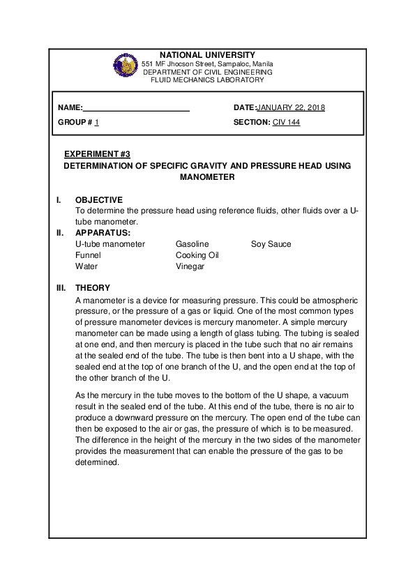 (DOC) EXPERIMENT 3 DETERMINATION OF SPECIFIC GRAVITY AND PRESSURE HEAD