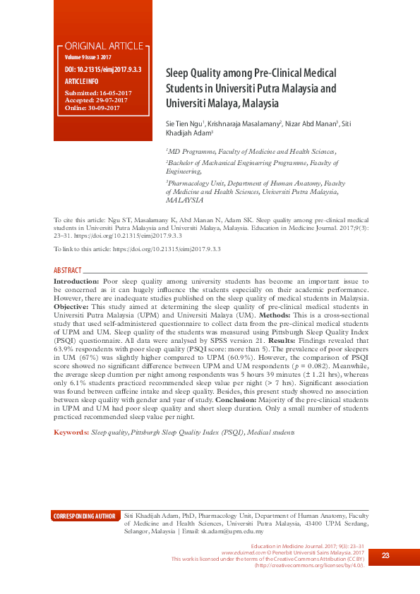 (PDF) Sleep Quality among Pre-Clinical Medical Students in Universiti ...