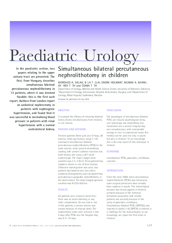 (PDF) Simultaneous bilateral percutaneous nephrolithotomy in children