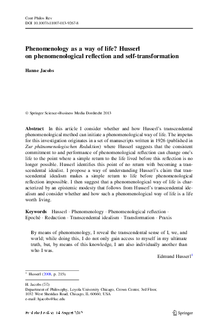 Pdf Phenomenology As A Way Of Life Husserl On Phenomenological