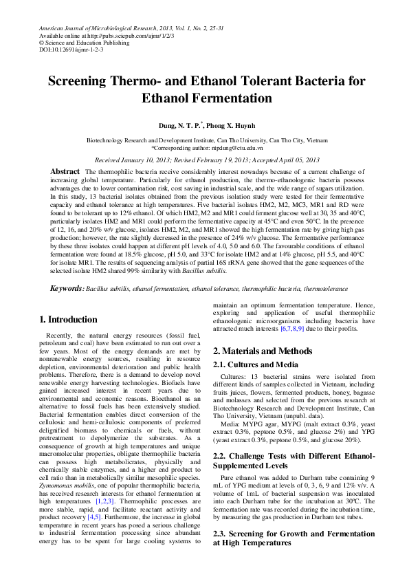 (PDF) Screening Thermo- and Ethanol Tolerant Bacteria for Ethanol ...