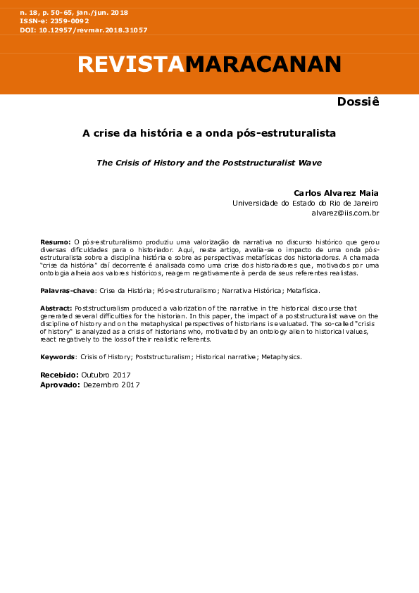 (PDF) REVISTAMARACANAN Dossiê A crise da história e a onda pósestruturalista The Crisis of