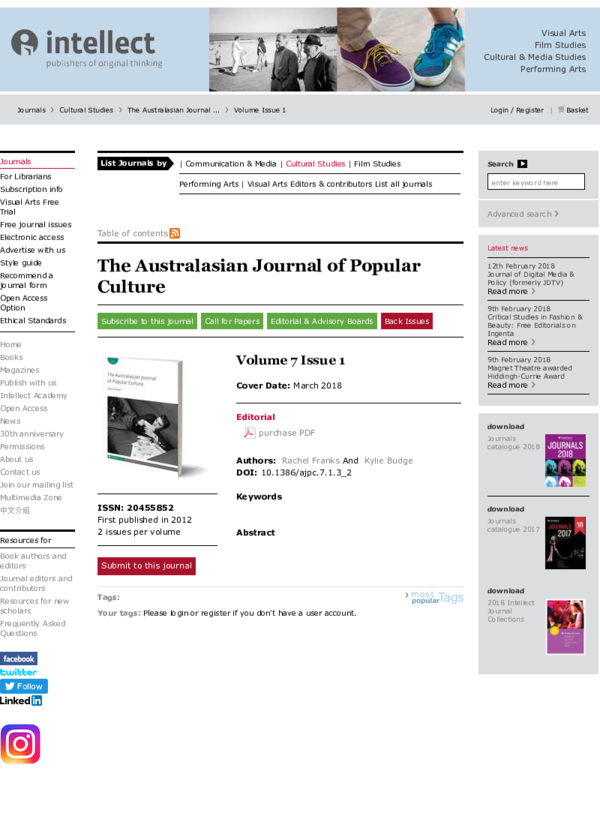 (PDF) (Rachel Franks and Kylie Budge) Australasian Journal of Popular Culture Special Issue
