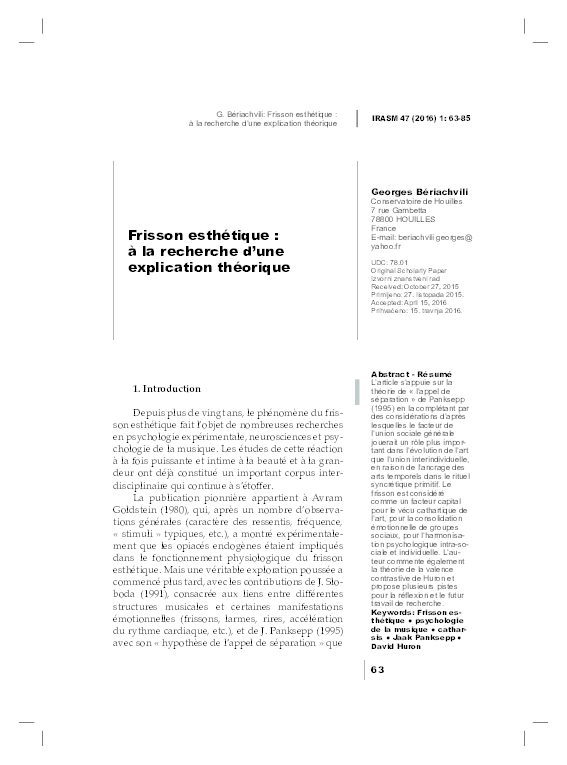 (PDF) Frisson esthétique : à la recherche d'une explication théorique