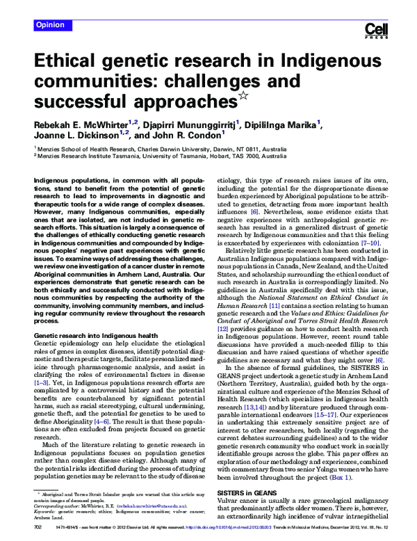 (PDF) Ethical genetic research in Indigenous communities: challenges ...