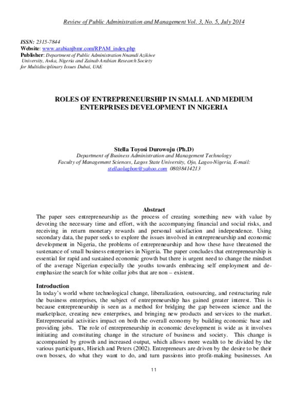 (PDF) ROLES OF ENTREPRENEURSHIP IN SMALL AND MEDIUM ENTERPRISES ...