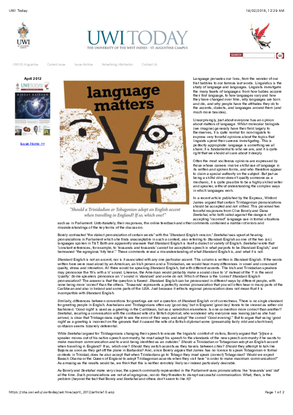 (PDF) UWI Today: Language Matters