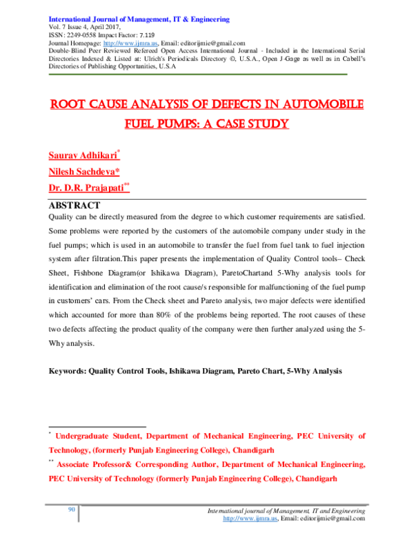 (PDF) ROOT CAUSE ANALYSIS OF DEFECTS IN AUTOMOBILE FUEL PUMPS: A CASE ...