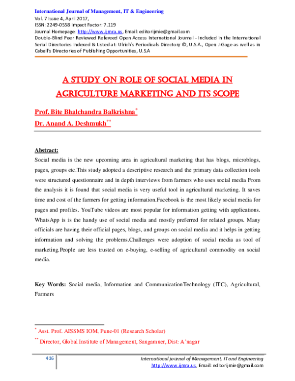 (PDF) A Study on Role of Social Media in Agriculture Marketing and its ...