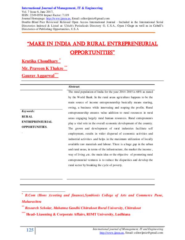 (PDF) " Make in India and Rural Entrepreneurial OppOrtunities