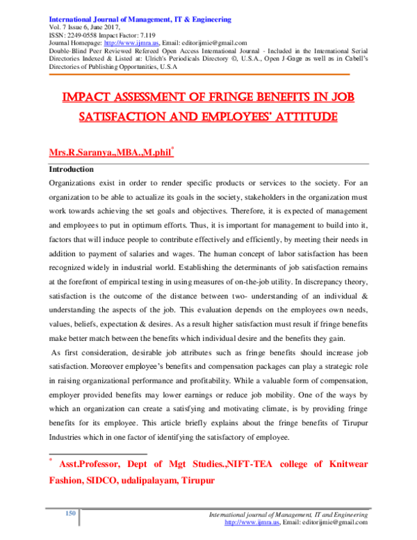 (PDF) IMPACT ASSESSMENT OF FRINGE BENEFITS IN JOB SATISFACTION AND