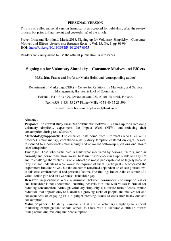 (PDF) Signing up for Voluntary Simplicity – Consumer Motives and Effects