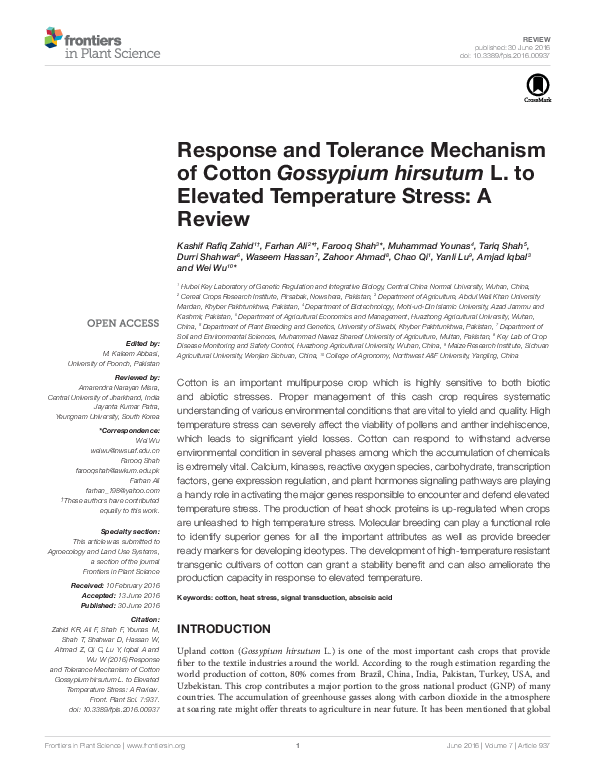(PDF) Response and Tolerance Mechanism of Cotton Gossypium hirsutum L ...