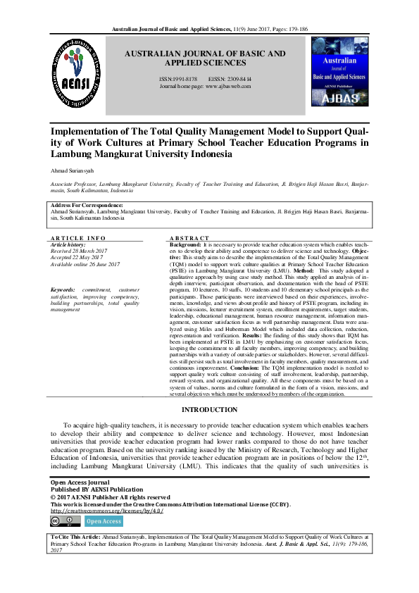 (PDF) Implementation of The Total Quality Management Model to Support ...