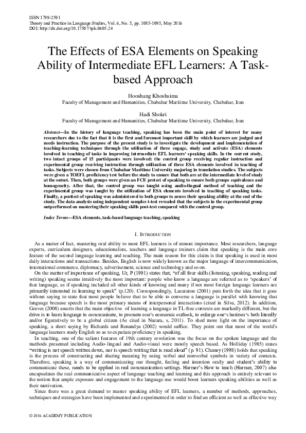 (PDF) The Effects of ESA Elements on Speaking Ability of Intermediate ...