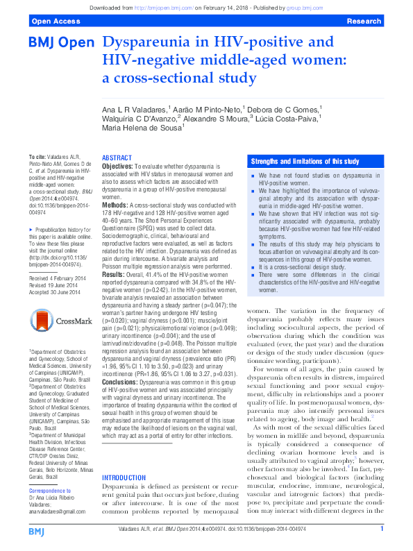 (PDF) Dyspareunia in HIV-positive and HIV-negative middle-aged women: a ...