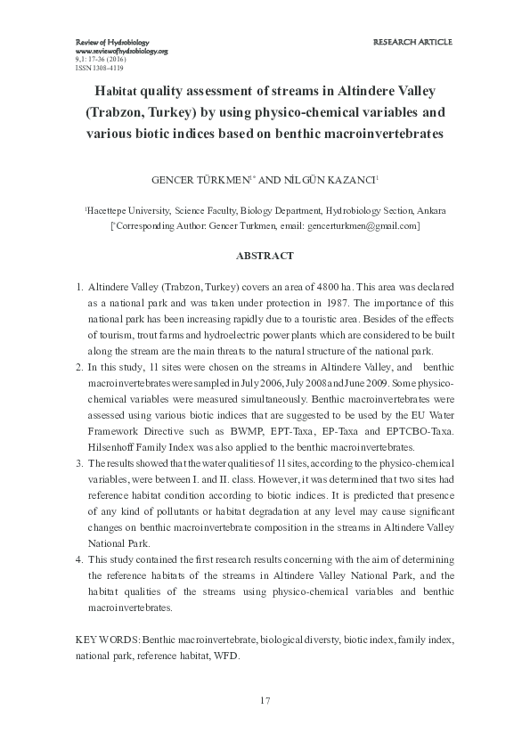 (PDF) Habitat quality assessment of streams in Altindere Valley