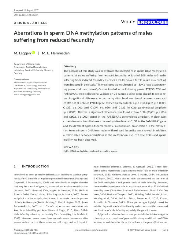 (PDF) Aberrations in sperm DNA methylation patterns of males suffering ...