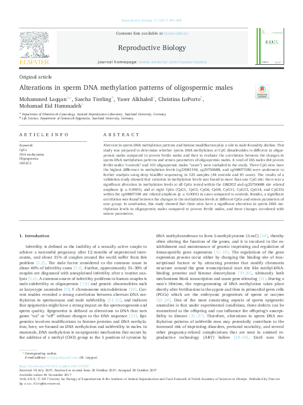 (PDF) Alterations in sperm DNA methylation patterns of oligospermic males
