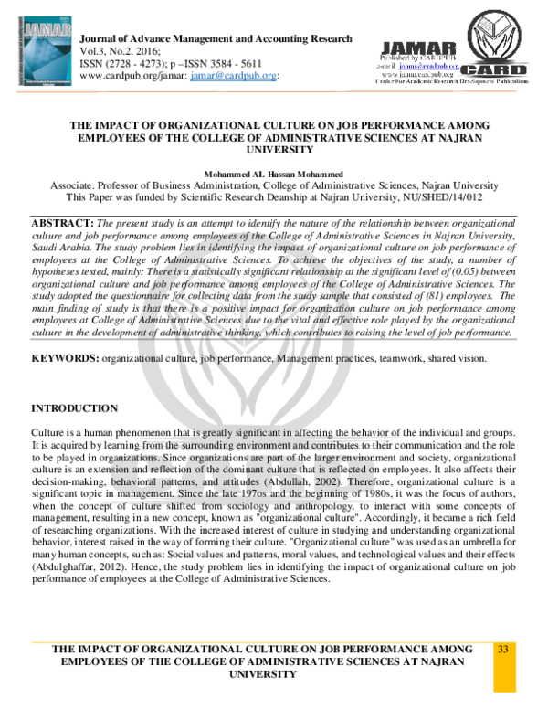 (PDF) THE IMPACT OF ORGANIZATIONAL CULTURE ON JOB PERFORMANCE AMONG ...