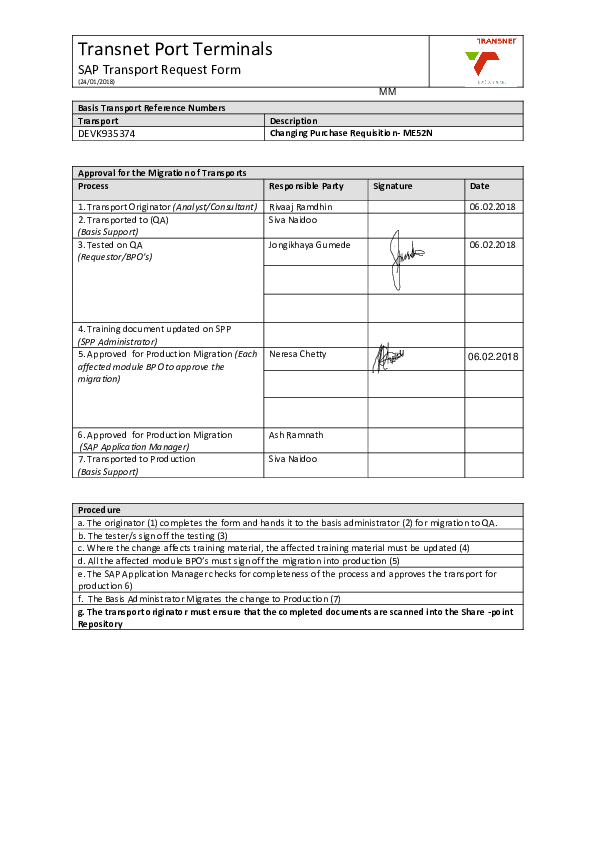 (PDF) Port Terminals SAP Transport Request Form Basis Transport Reference Numbers