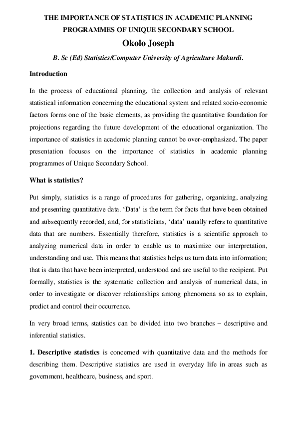 (DOC) THE IMPORTANCE OF STATISTICS IN ACADEMIC PLANNING PROGRAMMES OF