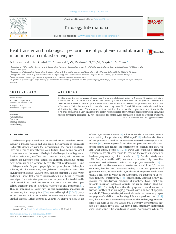 (PDF) Heat transfer and tribological performance of graphene ...