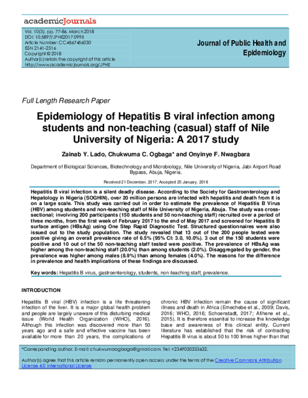 (PDF) Epidemiology of Hepatitis B Viral Infection among Students and ...